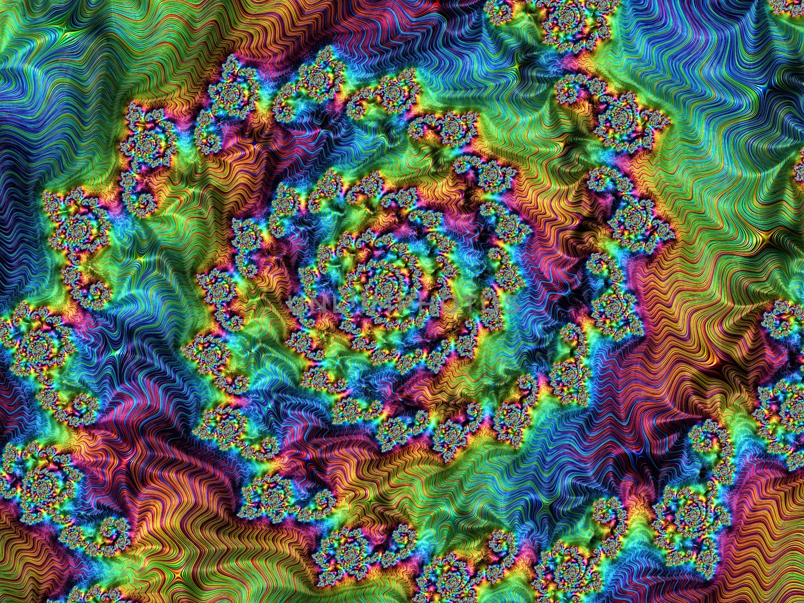 Abstract fractal background - computer-generated image. Digital art - classic fractal geometry - bright glossy spiral repeated many times in different sizes. For prints, puzzles, covers.