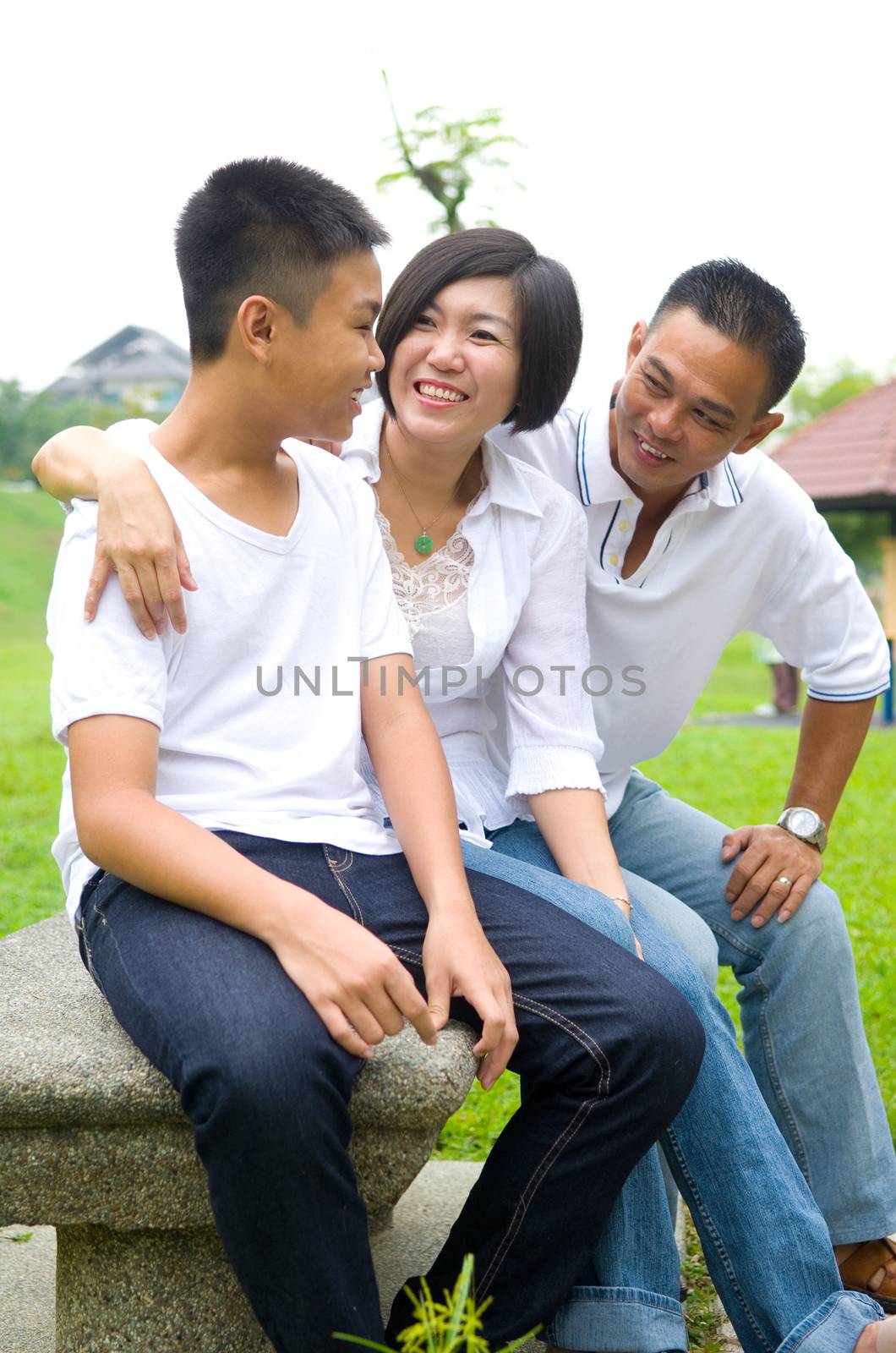 Asian Chinese Family Relaxing In Park 