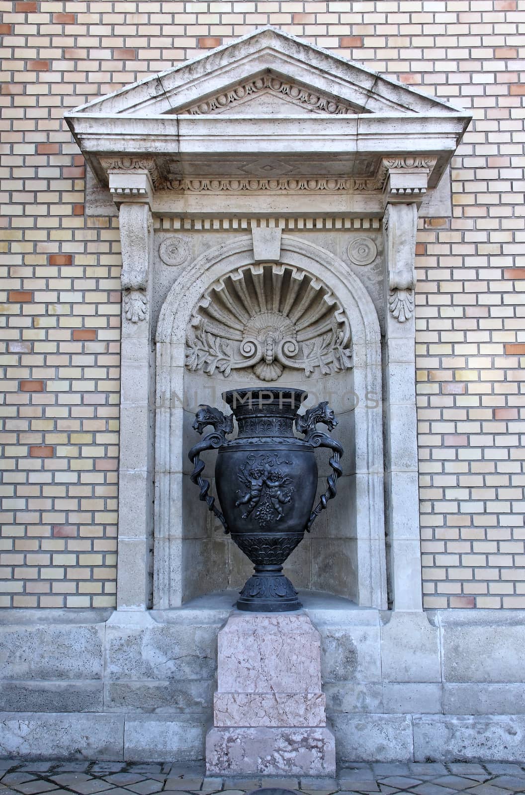 Budapest, Hungary, Castle Hill, buildings decorated fountain.