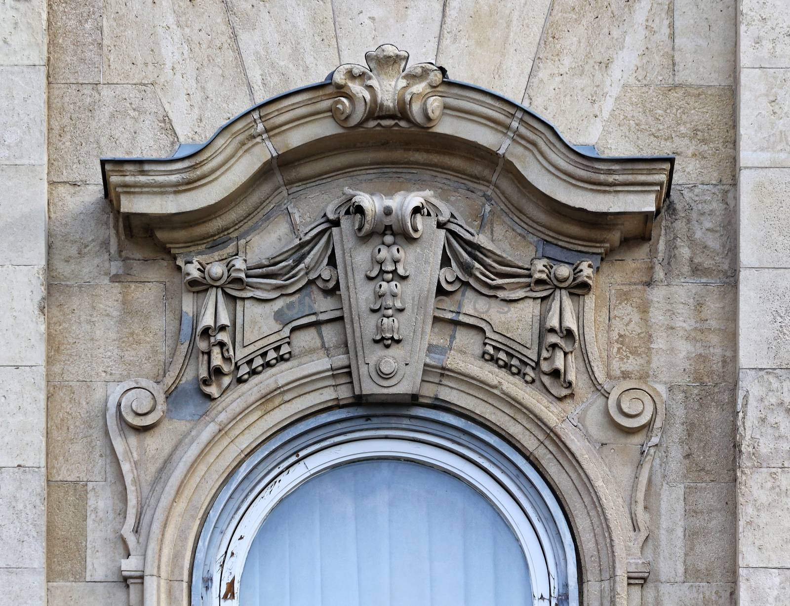 Budapest, Hungary, Castle Hill, buildings decorated window.