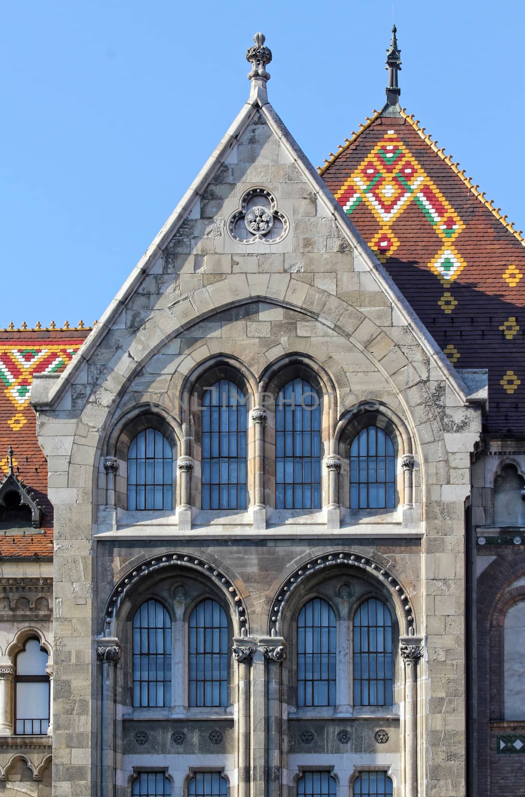 Budapest, Hungary, National Archives neoromanesque facade.