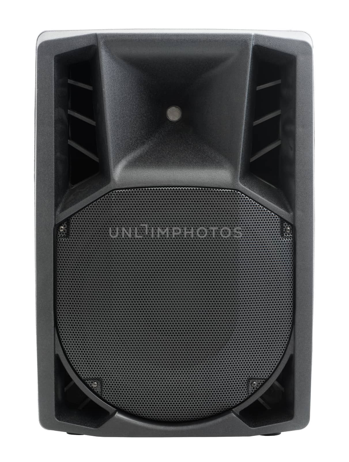 Black Audio Speaker Isolated on White Background, Front View.