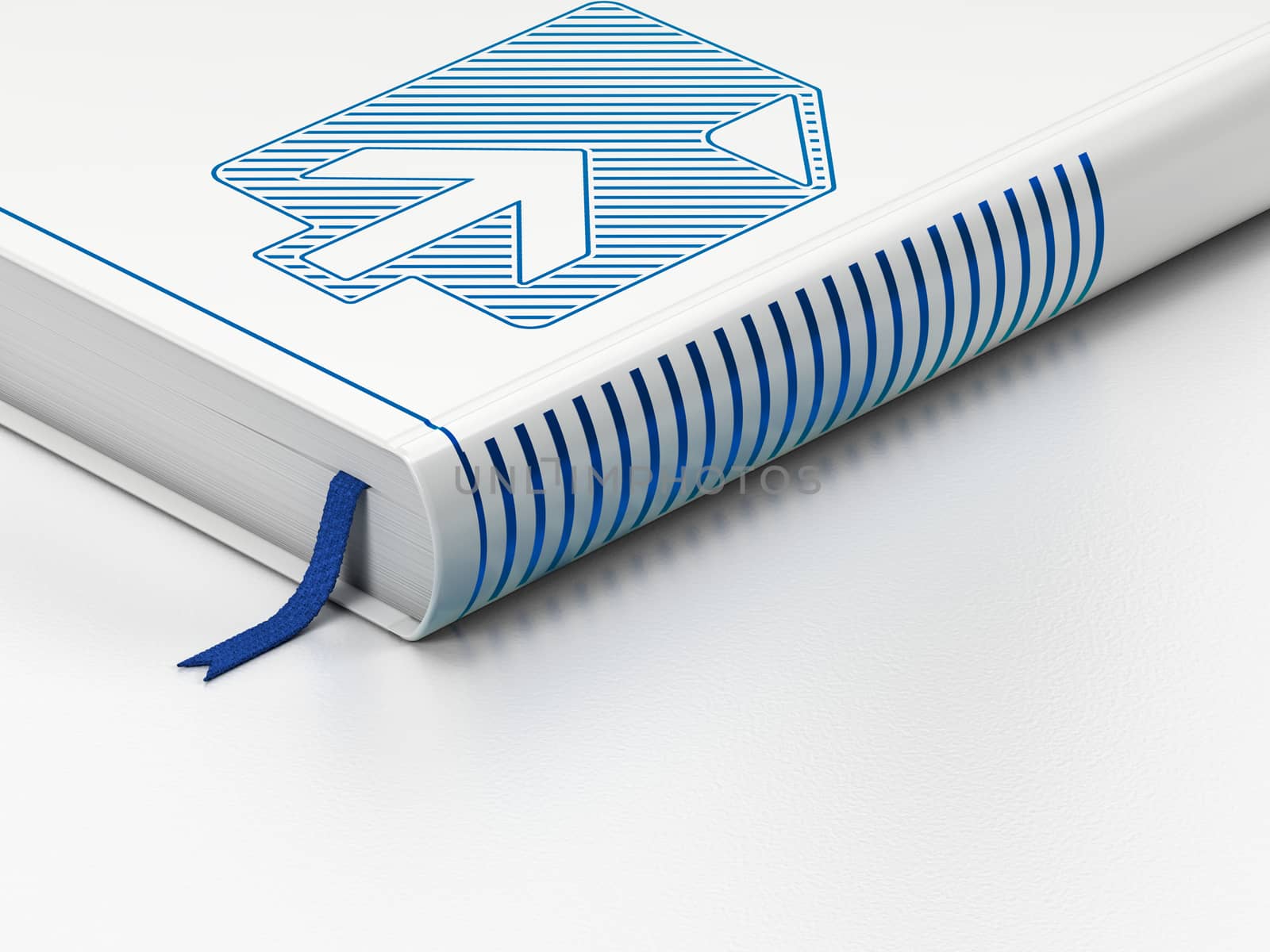 Web design concept: closed book with Blue Upload icon on floor, white background, 3D rendering