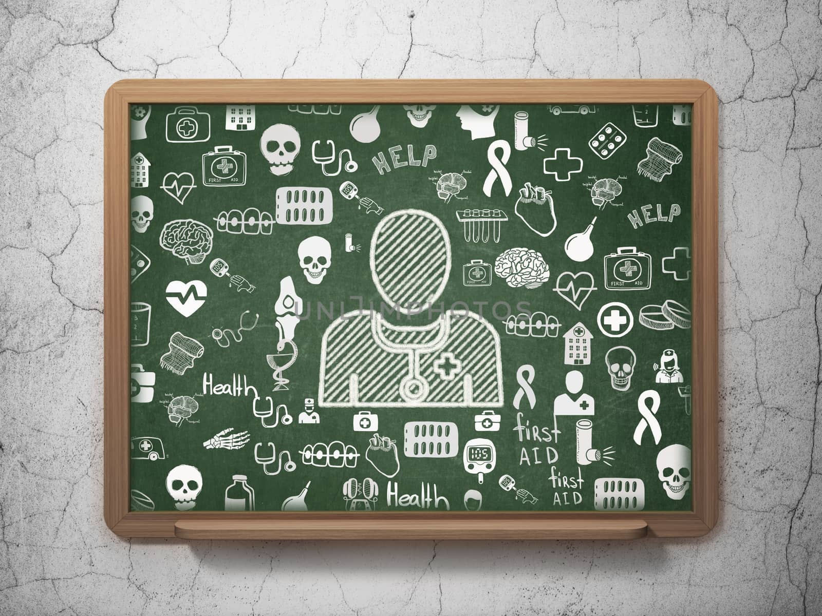 Medicine concept: Chalk White Doctor icon on School board background with  Hand Drawn Medicine Icons, 3D Rendering