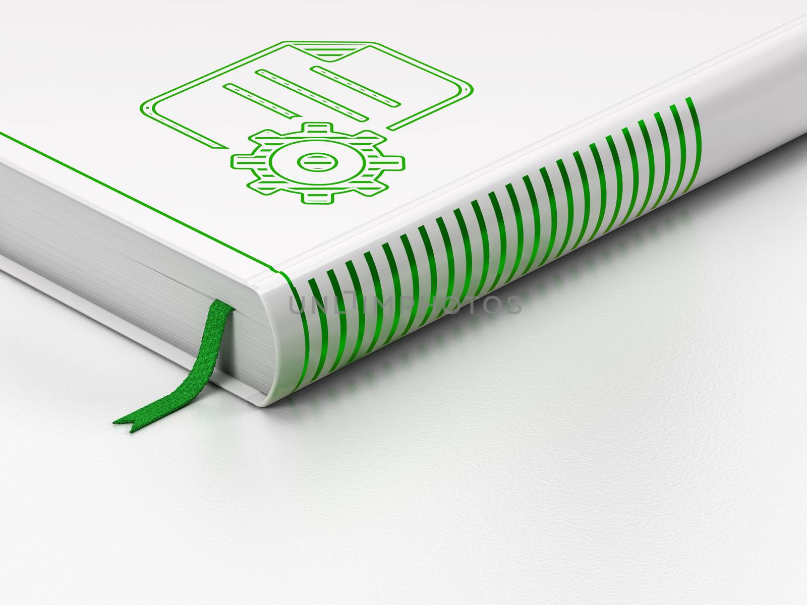 Software concept: closed book with Green Gear icon on floor, white background, 3D rendering