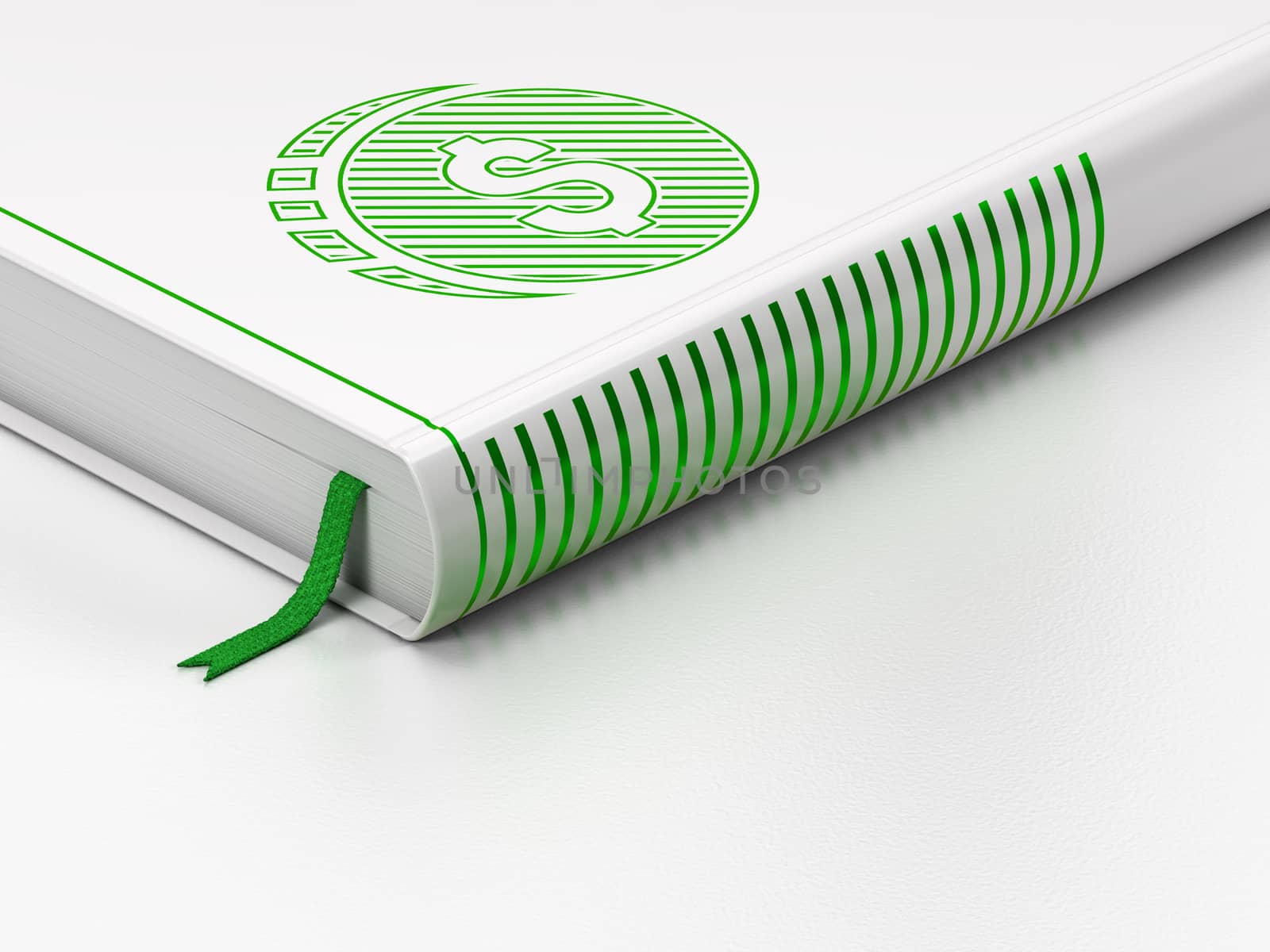 Banking concept: closed book with Green Dollar Coin icon on floor, white background, 3D rendering