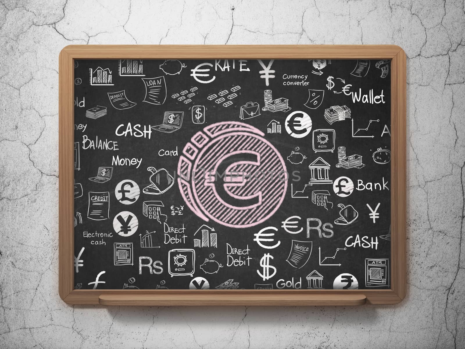 Money concept: Chalk Pink Euro Coin icon on School board background with  Hand Drawn Finance Icons, 3D Rendering