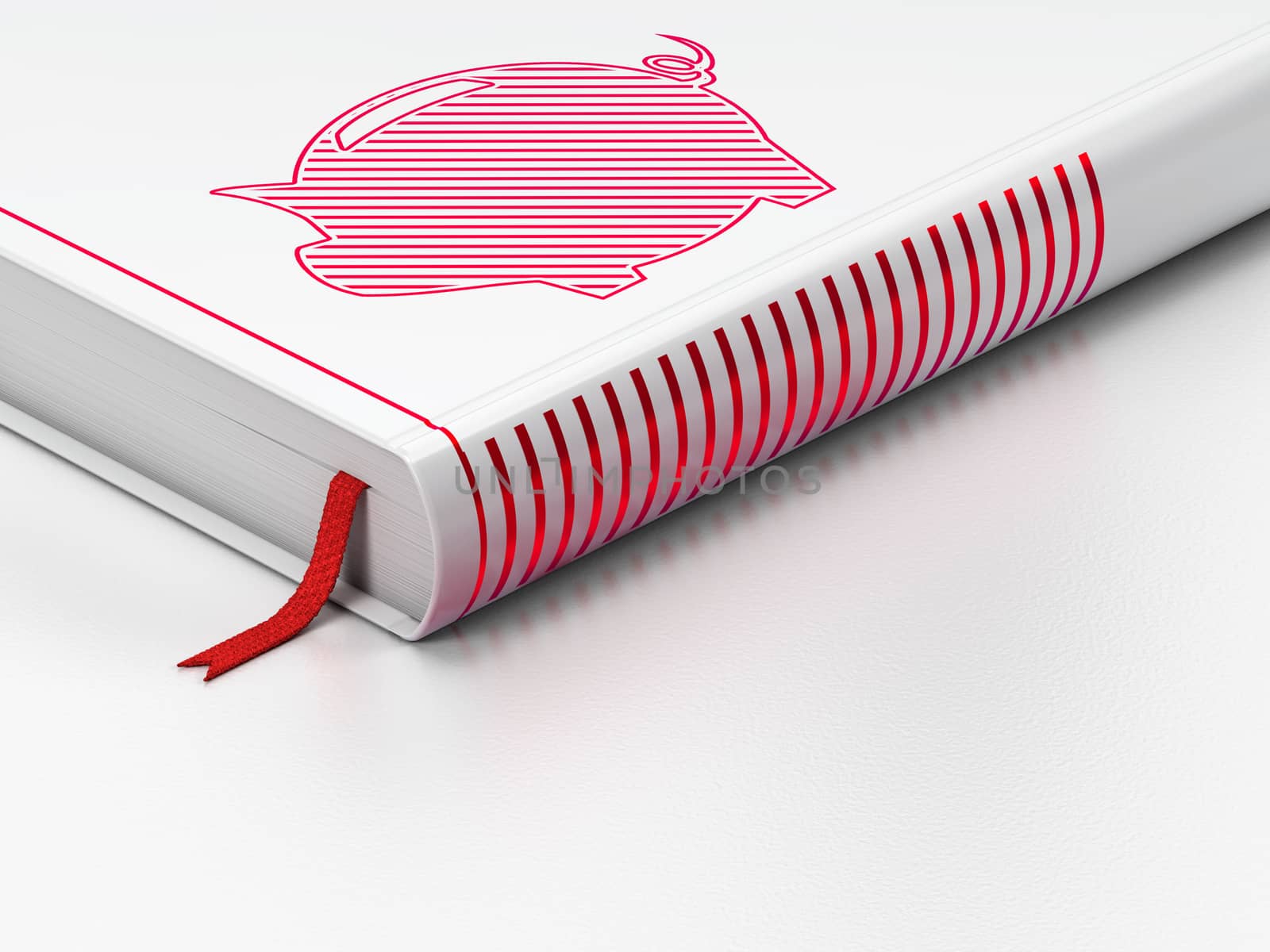 Currency concept: closed book with Red Money Box icon on floor, white background, 3D rendering