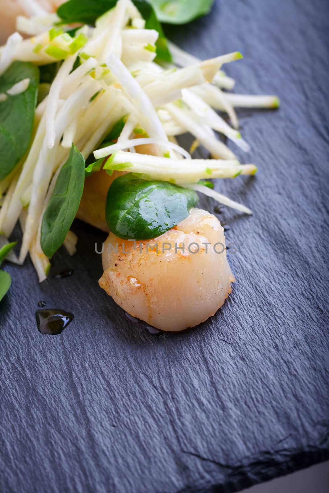 Scallop salad with apple, spinach on a stone plate. by supercat67