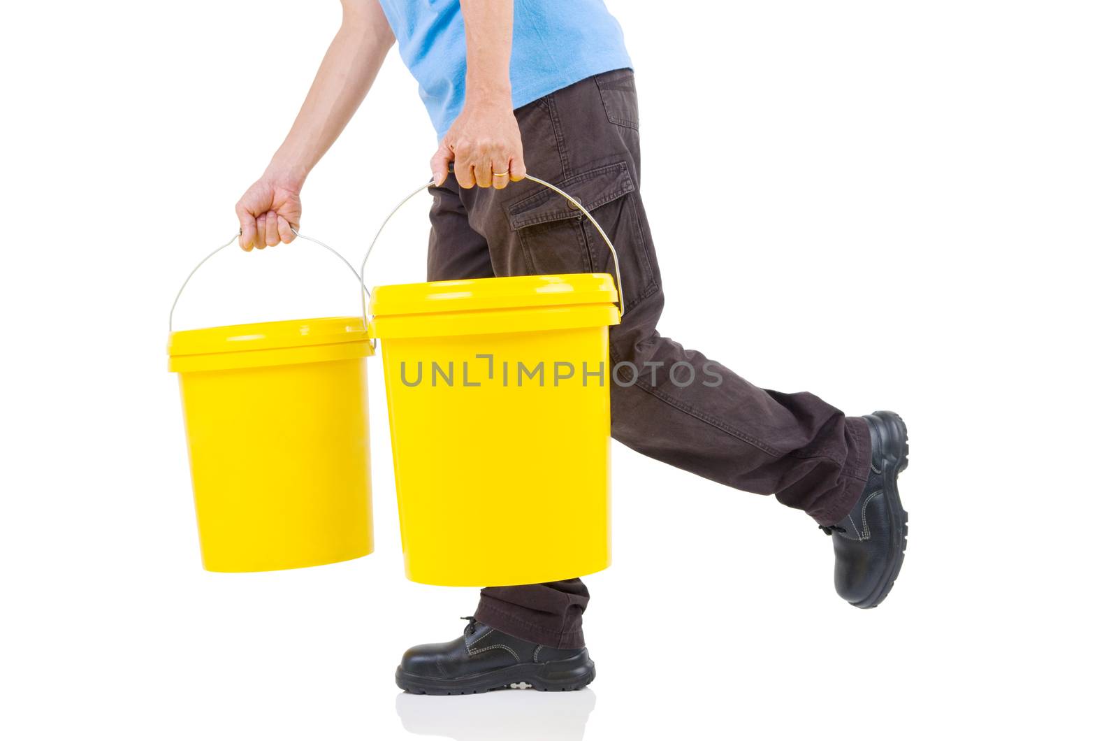 Production worker carrying two buckets of lubricant oils and greases , isolated on white background.