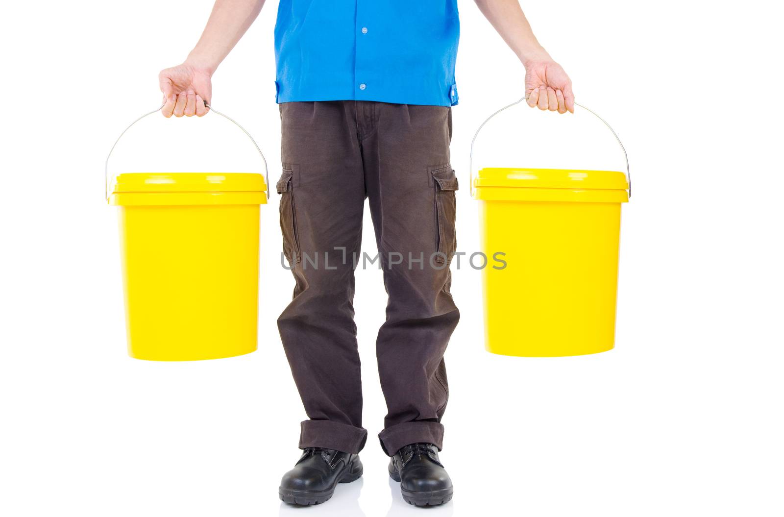 Production worker carrying two buckets of lubricant oils and greases , isolated on white background.