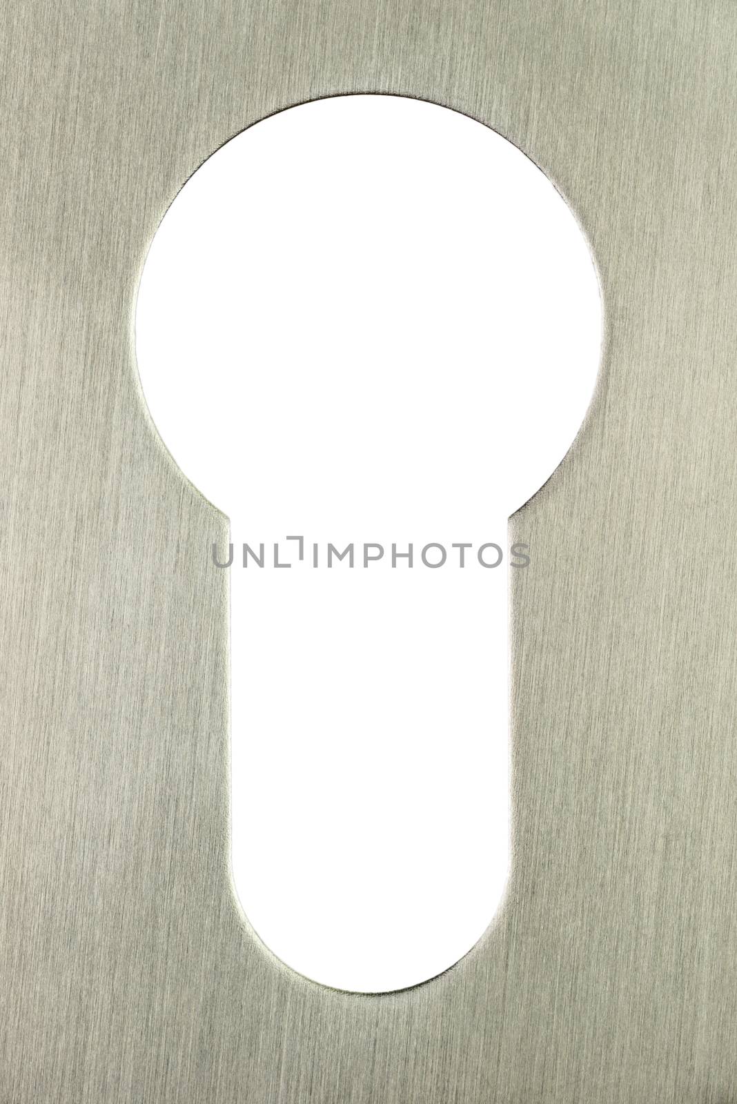 Keyhole features a stainless steel edge looking to a neutral colored background that can be provided with text or otherwise
