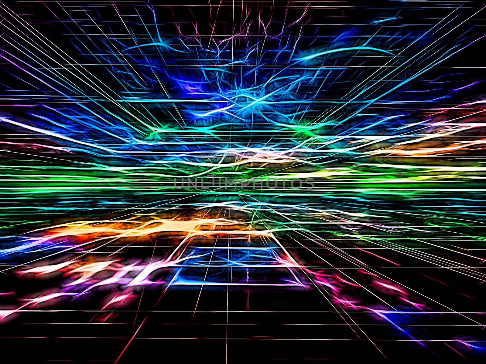 Abstract bright technology background -  computer-generated image. Fractal geometry: colourful surface, horizon and chaos neon glowing lines like flashes. Trendy tech or virtual reality concept.