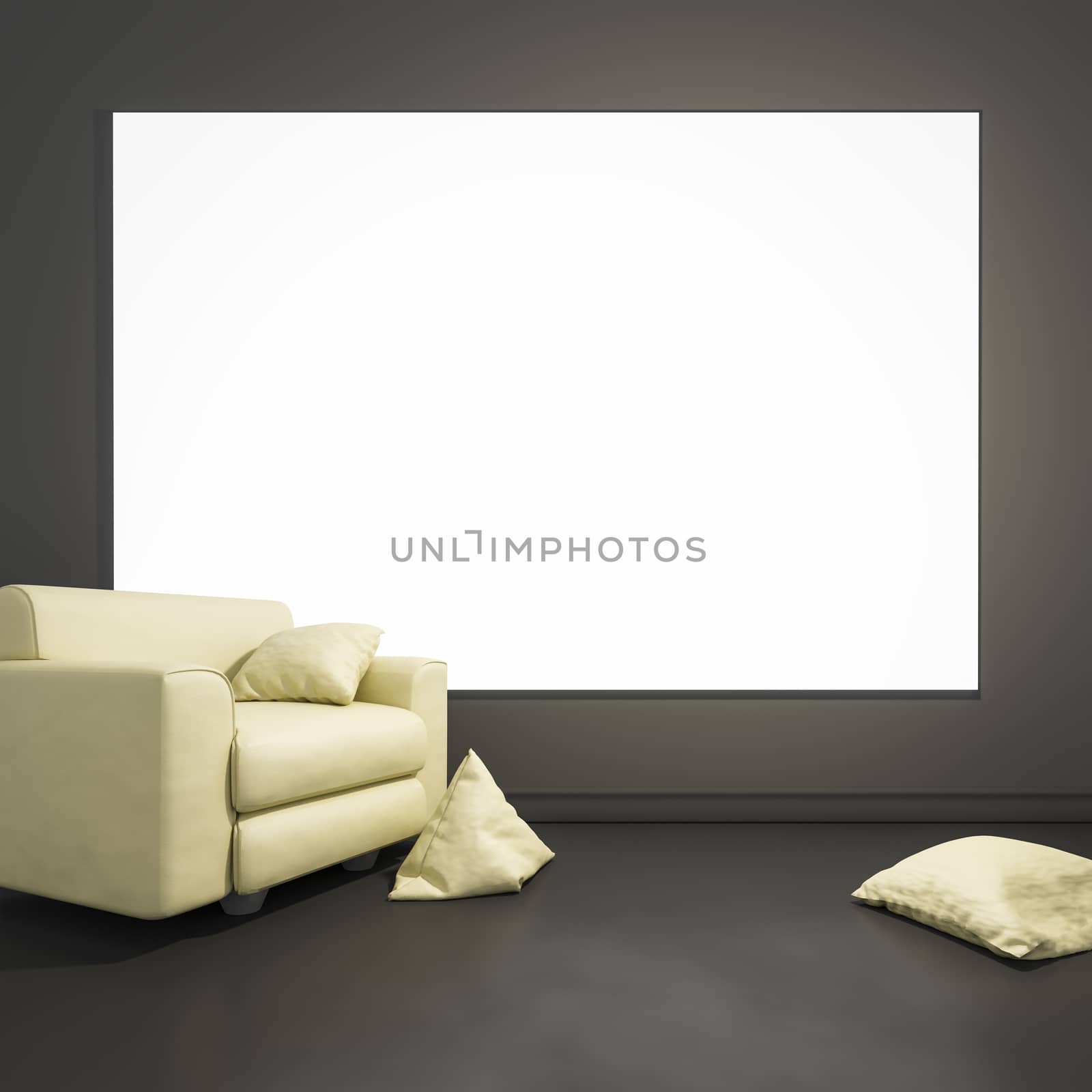 3d rendering of an armchair with pillows and a blank frame for your content