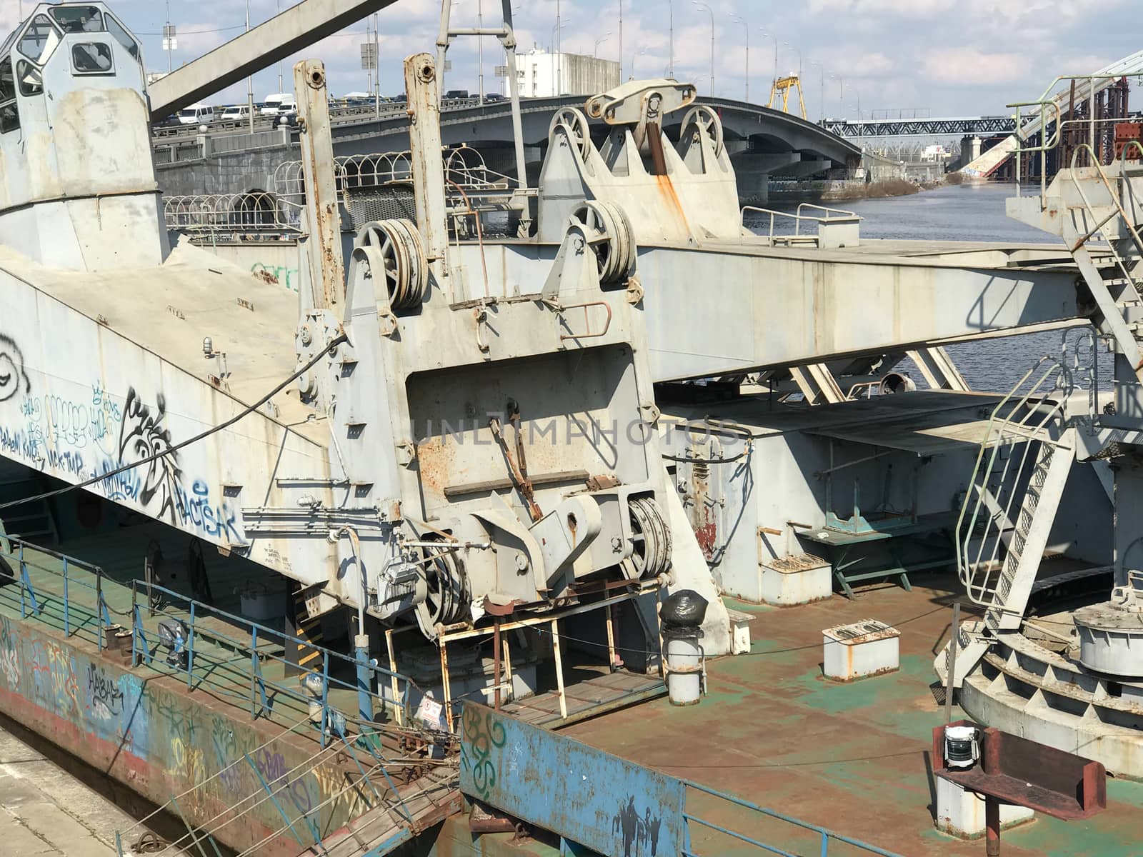 Rusty vintage abandoned ship ferry in old port