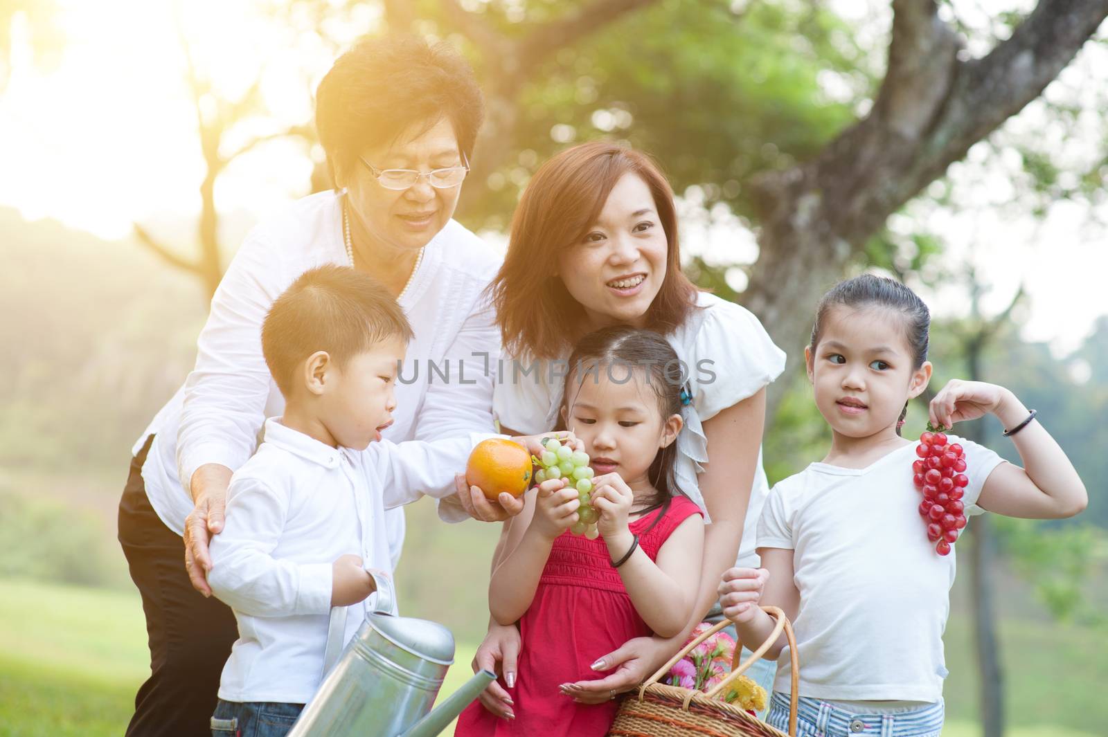 Candid portrait of joyful multi generations Asian family at nature park. Grandmother, mother and grandchildren outdoor fun. Morning sun flare background.