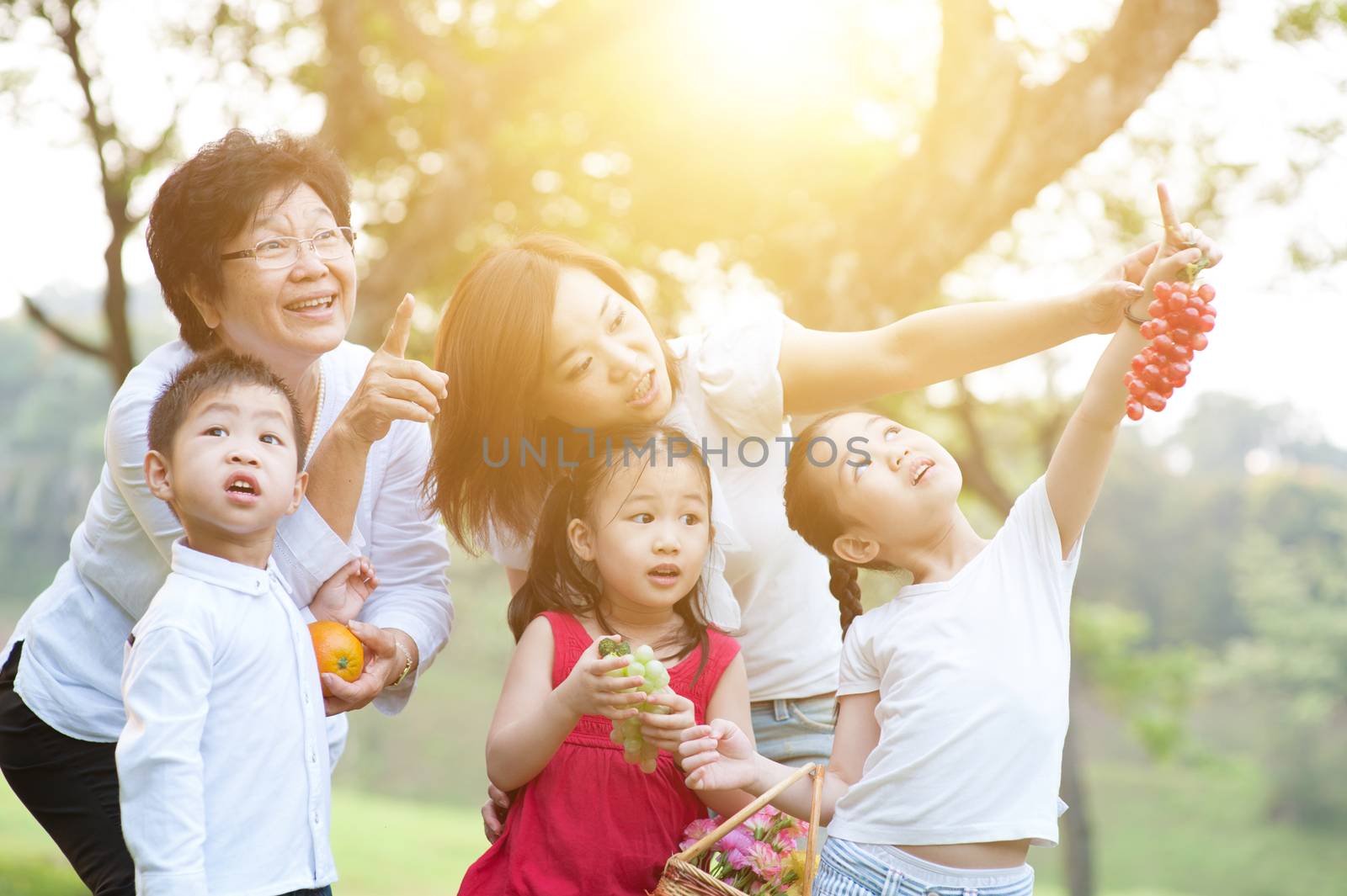 Candid portrait of beautiful multi generations Asian family at nature park. Grandmother, mother and grandchildren outdoor fun. Morning sun flare background.
