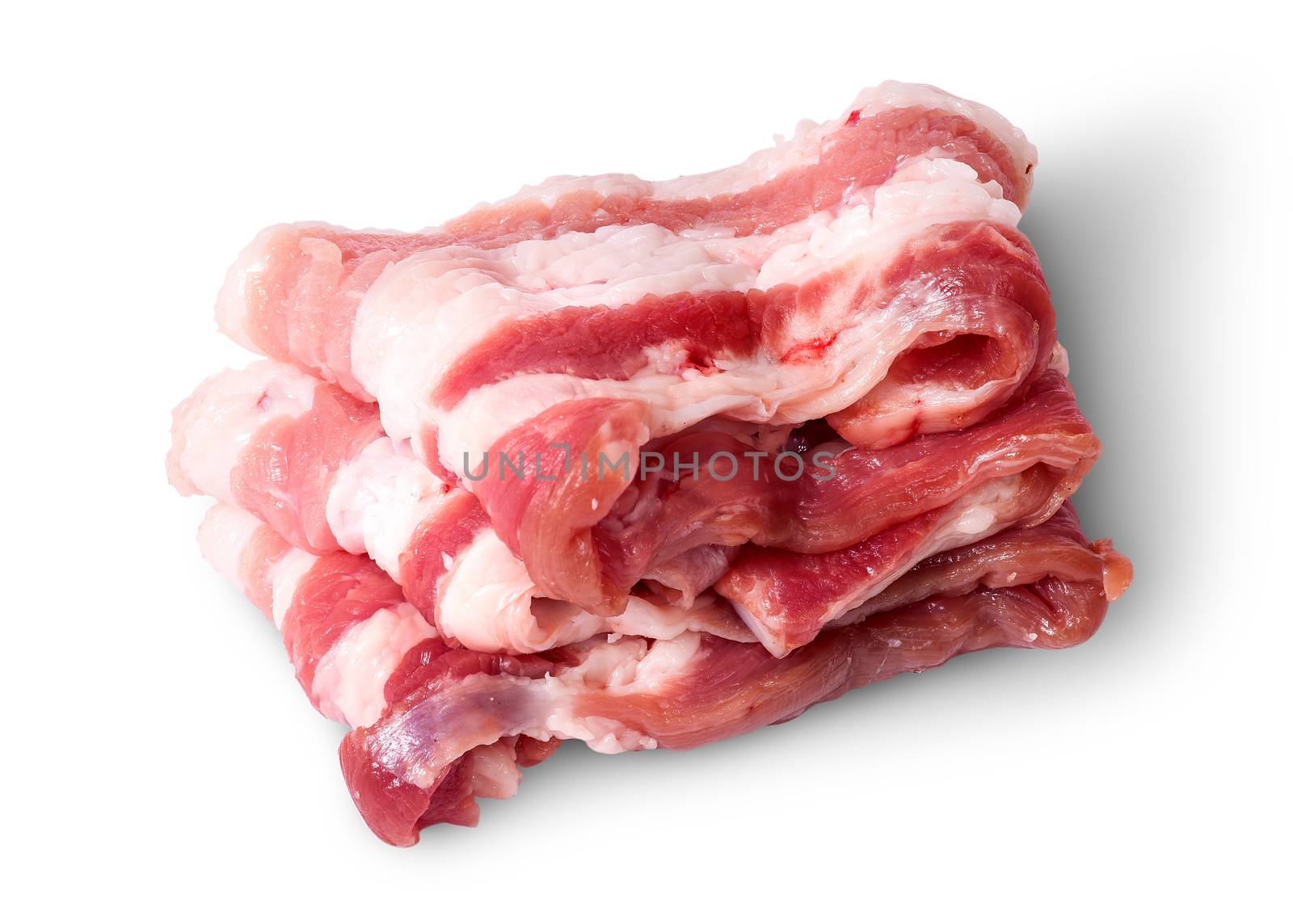 Bacon strips arranged in layers top view isolated on white background