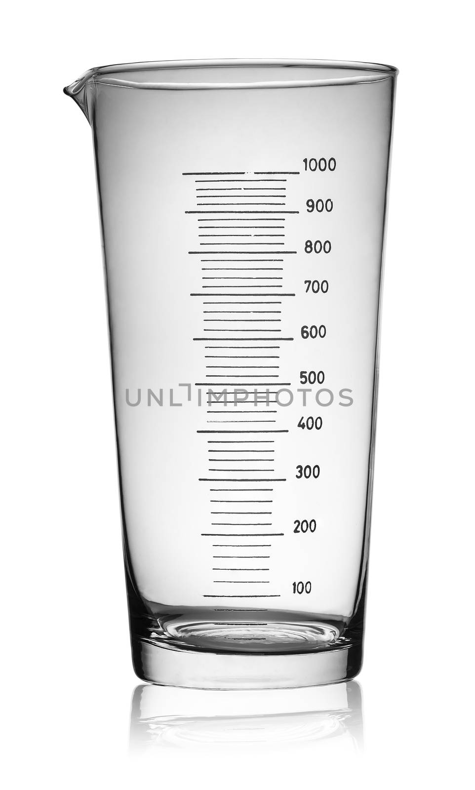 Big glass beaker graduated rotated isolated on white background