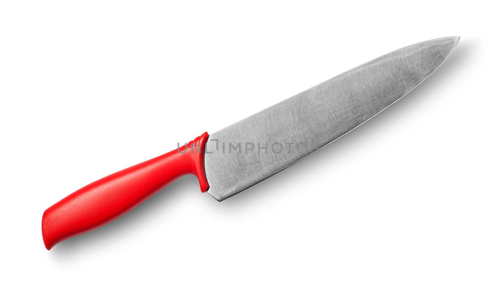 Big kitchen knife with red handle isolated on white background