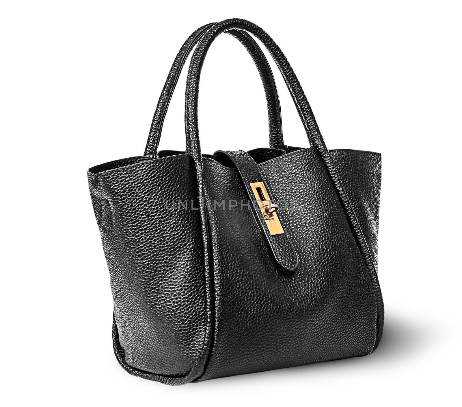 Black elegant leather ladies handbag rotated isolated on white background