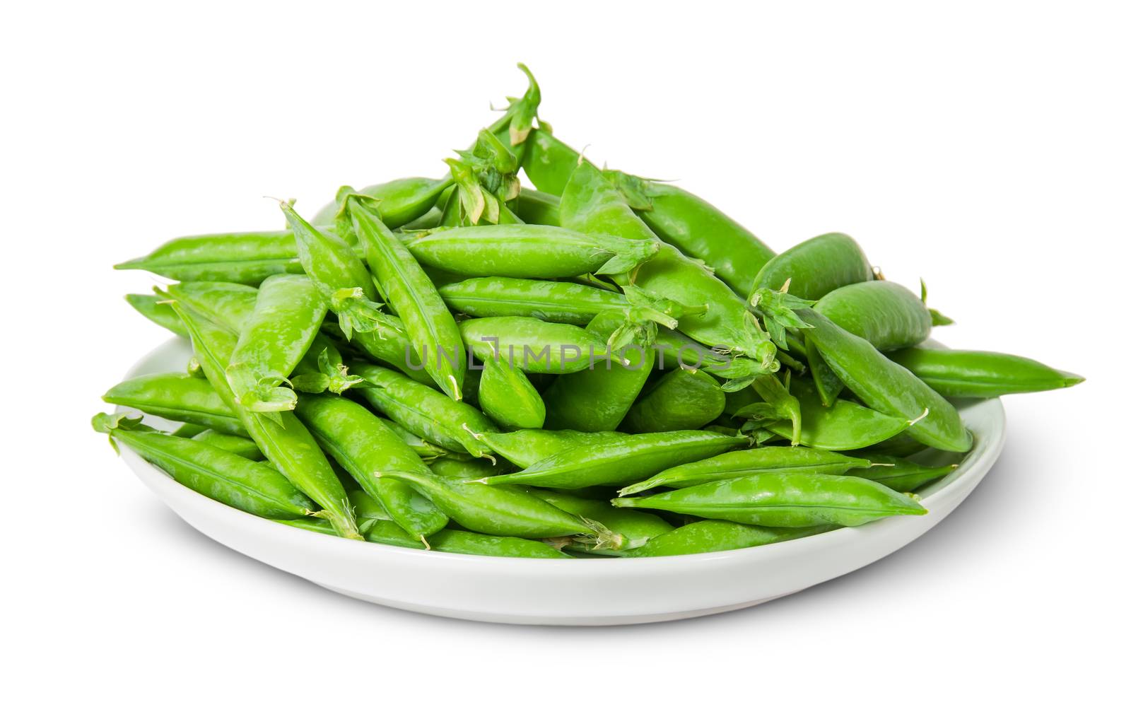 Big pile of green peas in pods on white plate by Cipariss