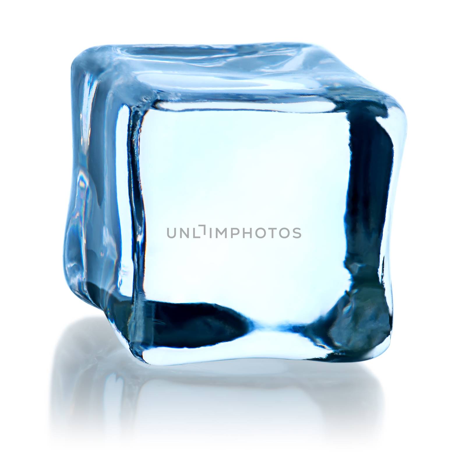 Blue ice cube isolated on white background