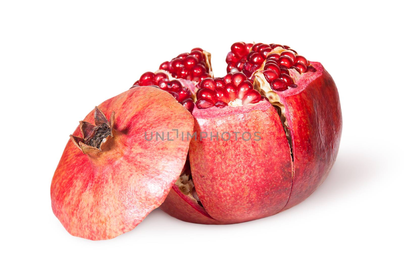 Broken Bright Ripe Juicy Pomegranate With Lid Near Isolated On White Background