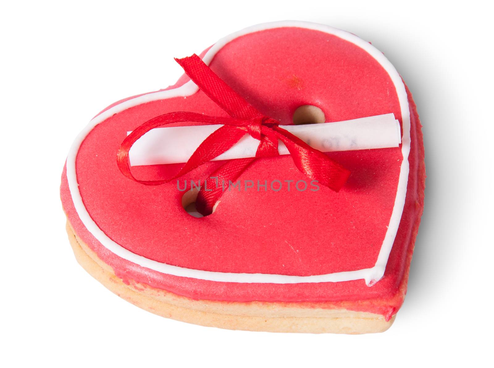 Cookies heart with note isolated on white background