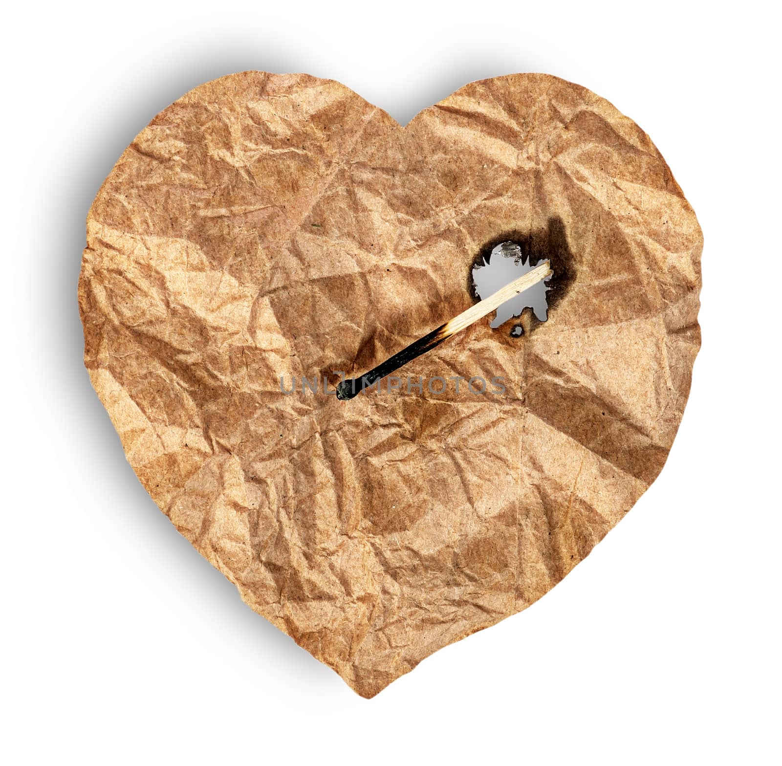 Crumpled paper heart burns match isolated on white background