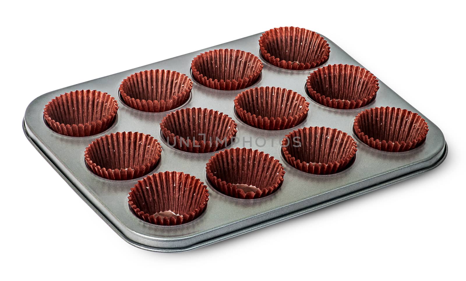 Cupcake and muffin pan with paper cups isolated on white background