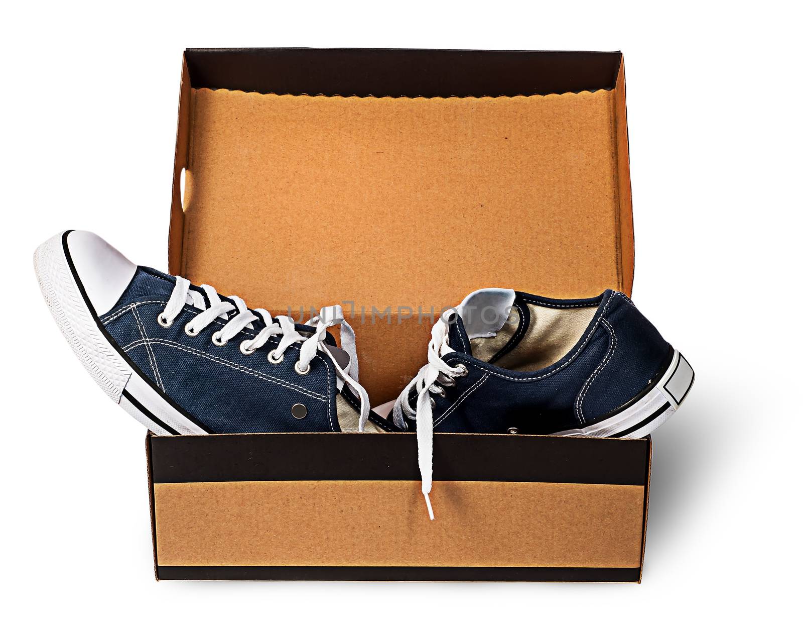 Dark blue sports shoes abandoned in a cardboard box isolated on white background