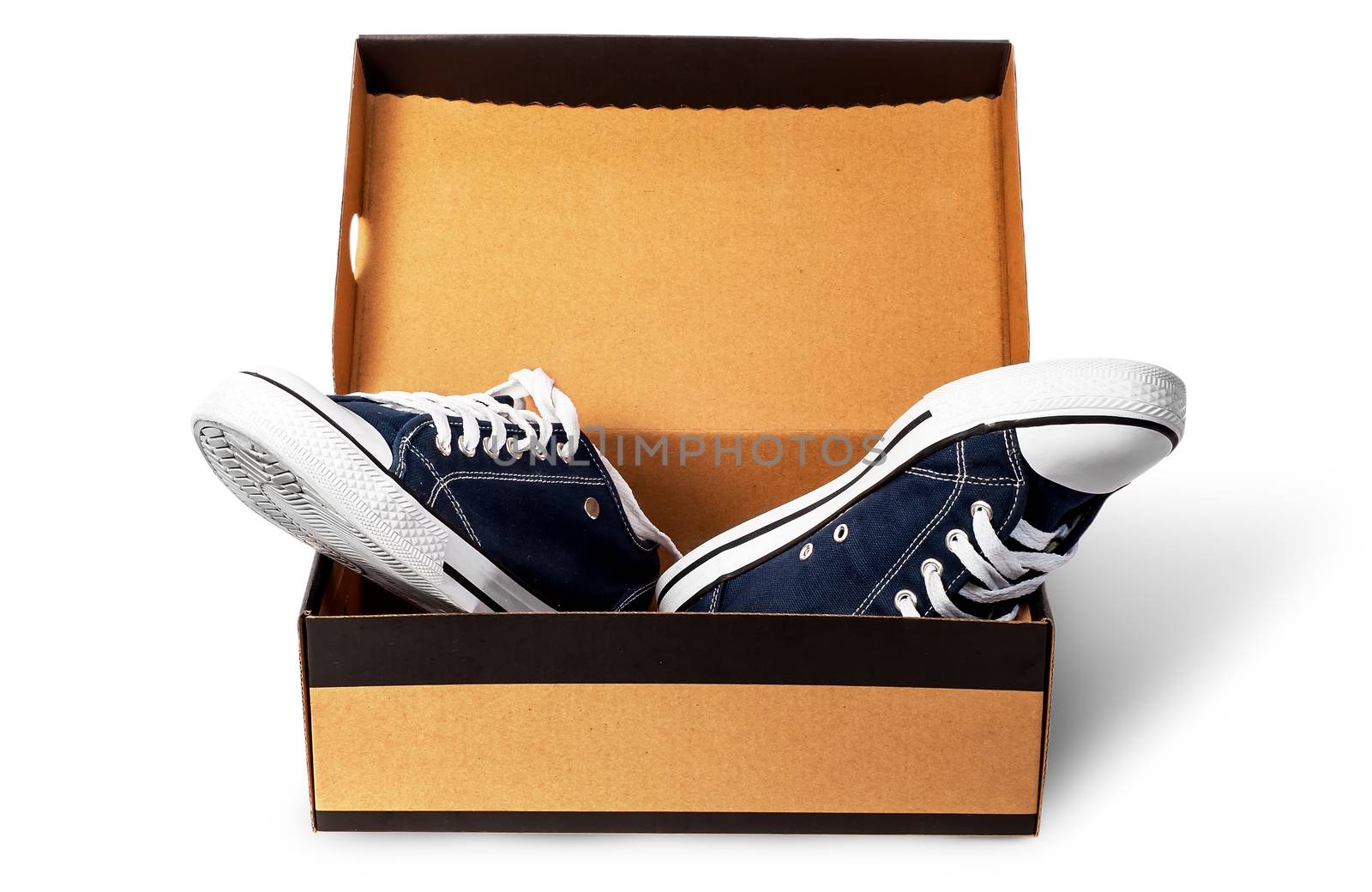 Dark blue sports shoes in cardboard box isolated on white background