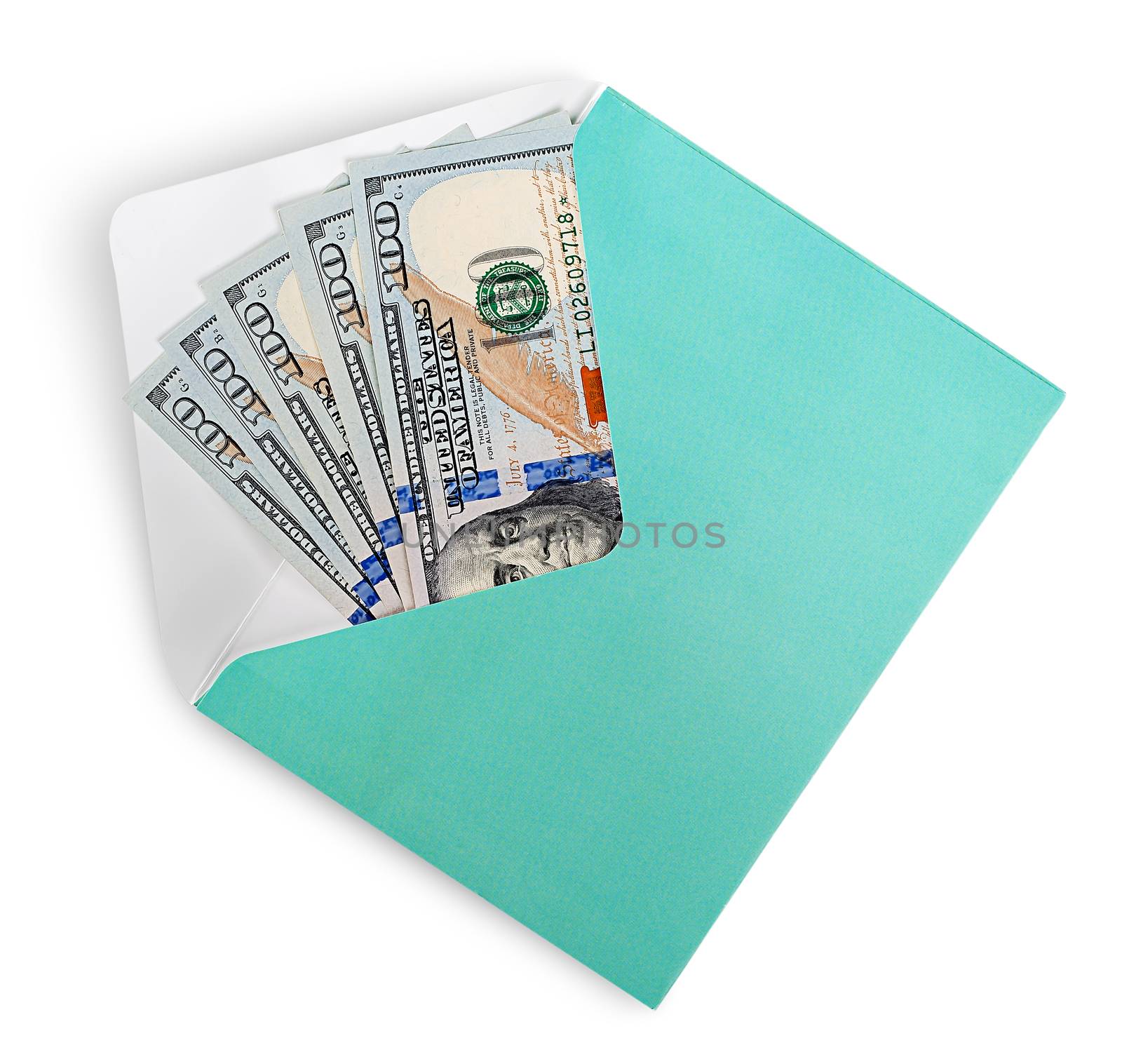 Dollar banknotes in envelope isolated on white background