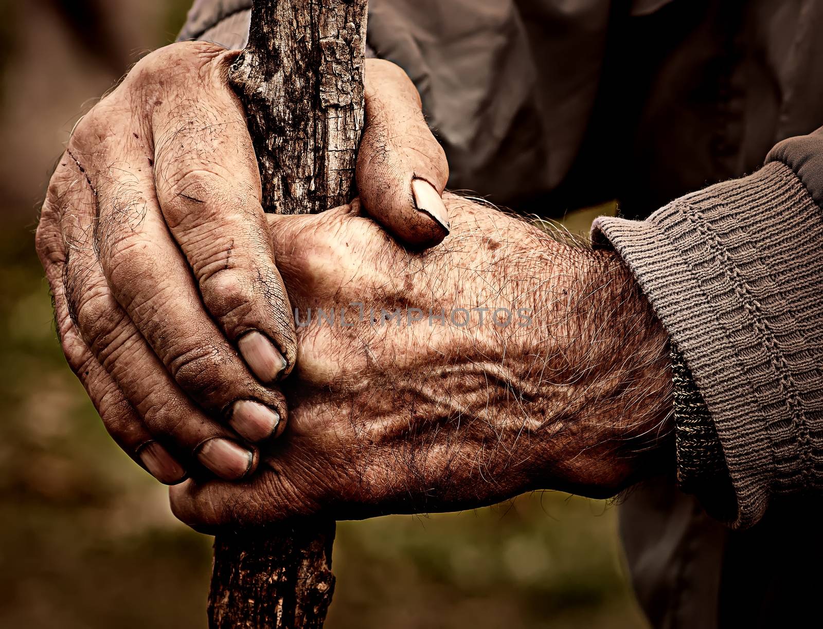 Dramatic photo of an elderly man holding a staff in his hands