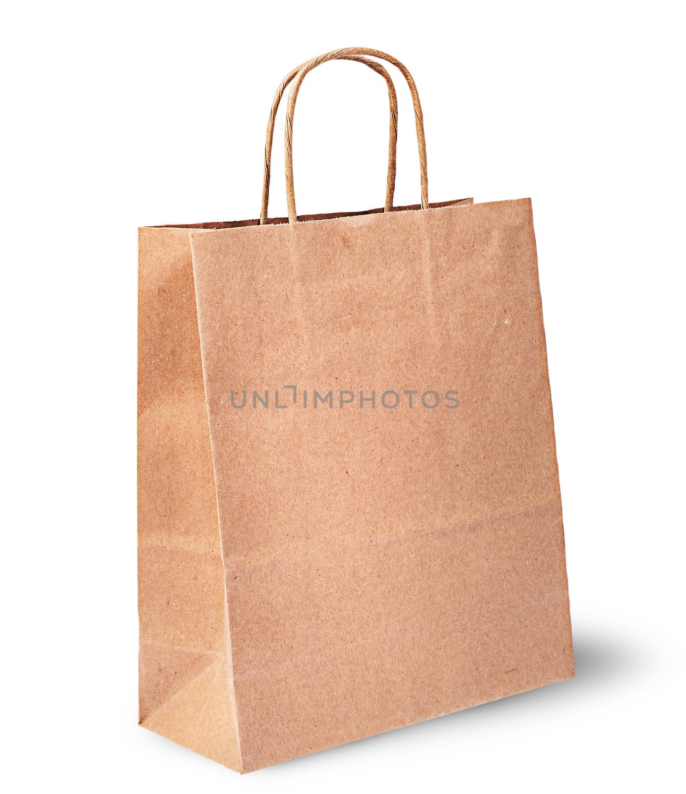 Empty open brown paper bag for food vertically isolated on white background