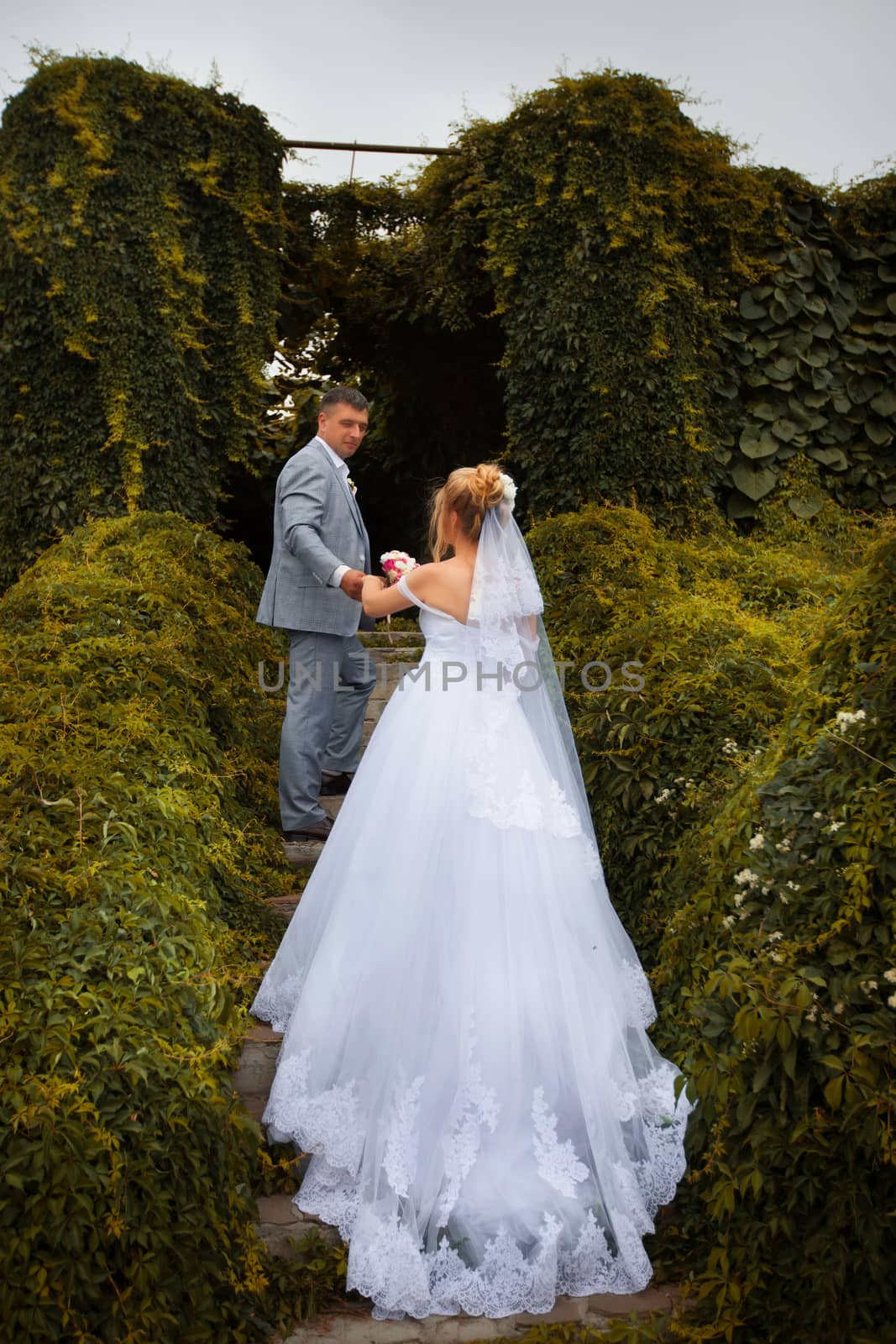 Newlyweds on a walk in the summer day wedding