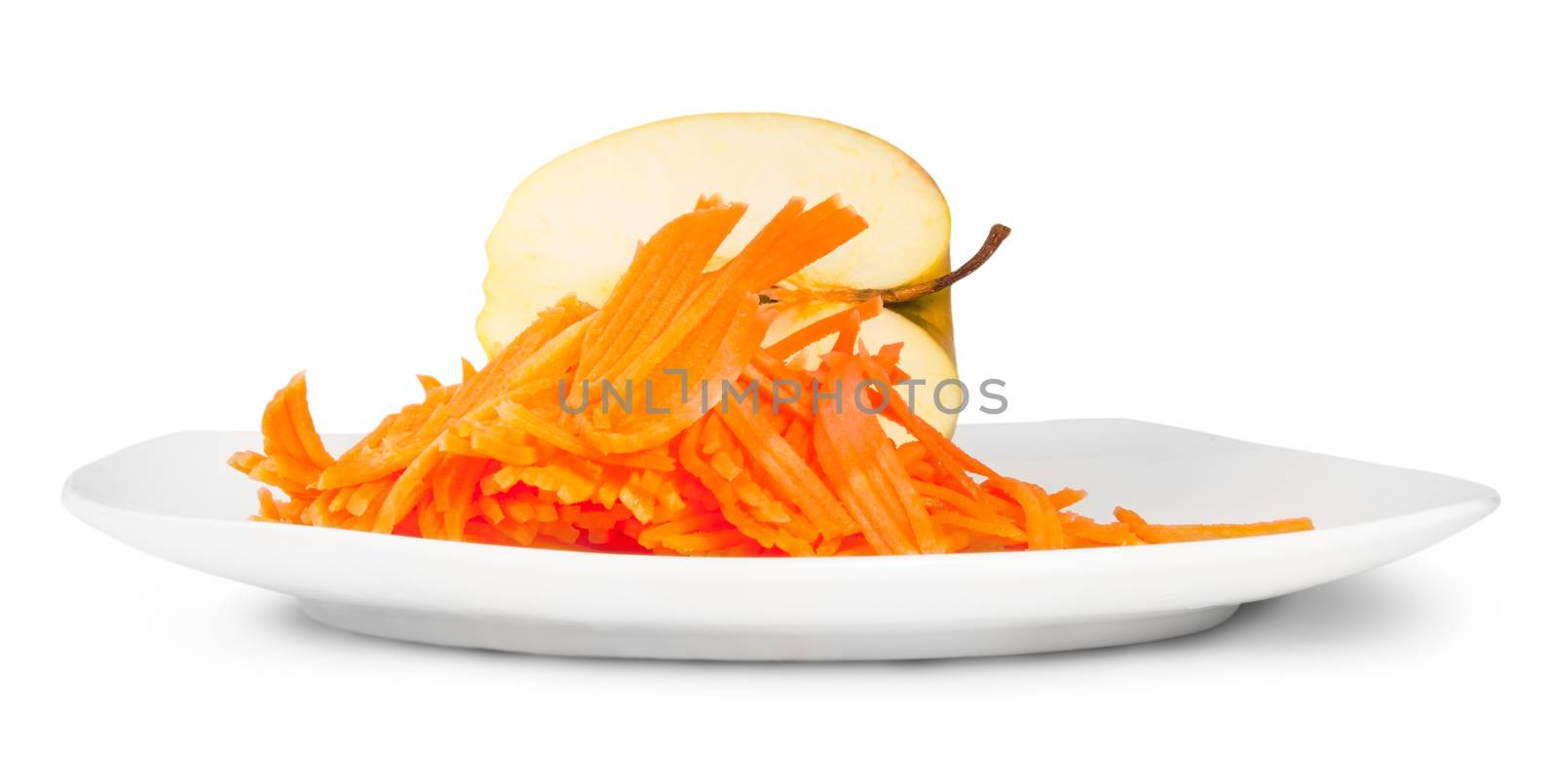 Half An Apple With Grated Carrot On White Plate Isolated On White Background