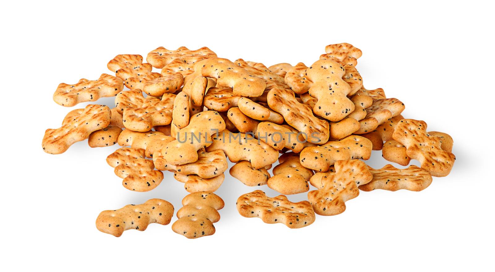 Heap of crackers with poppy seeds isolated on white background