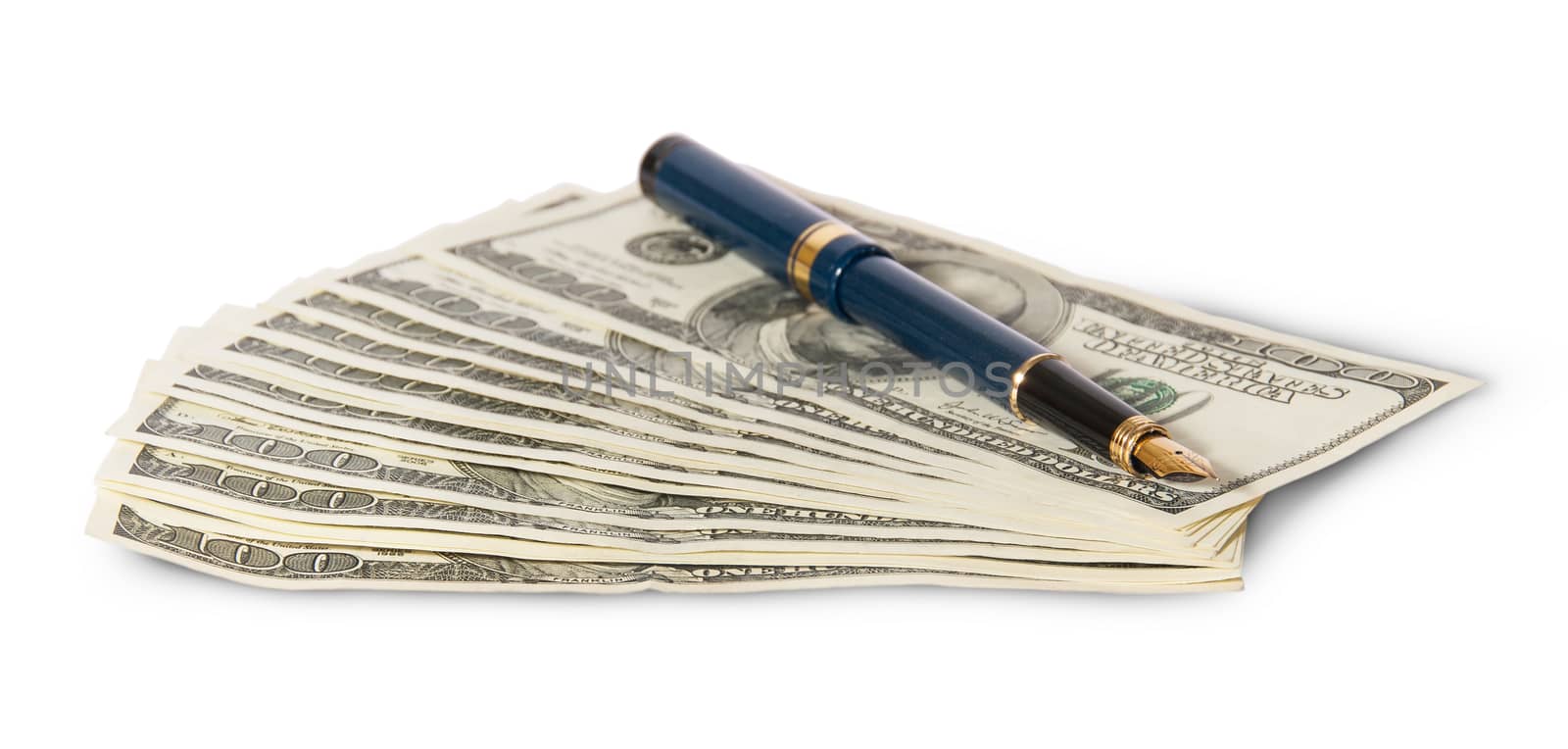 Hundred dollar bills and pen isolated on white background