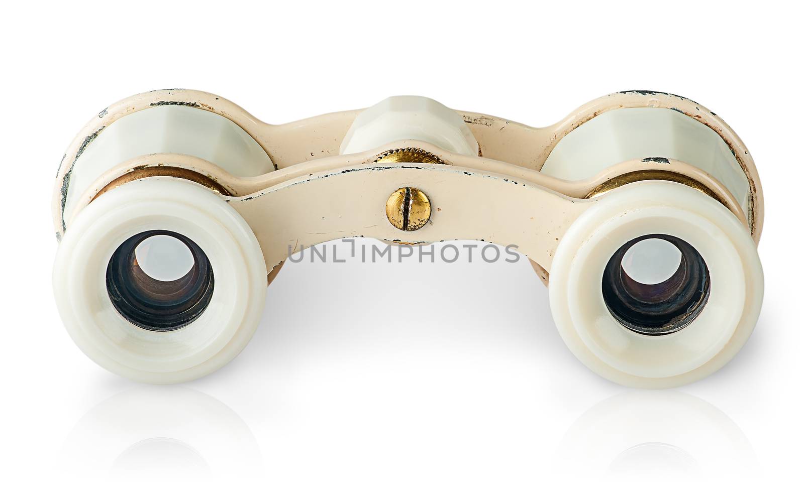 In front old vintage pair of opera glasses horizontally isolated on white background