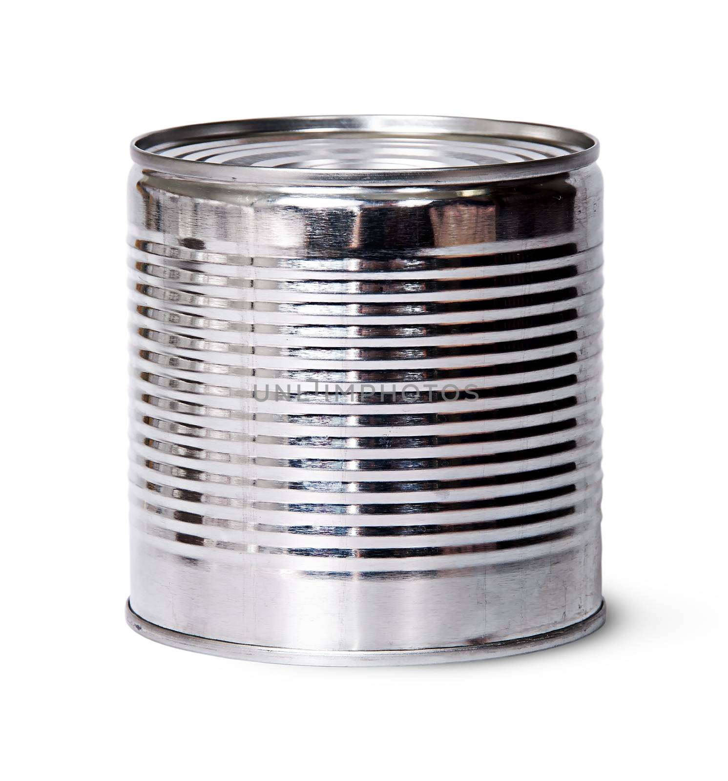 In front silver tin can isolated on white background