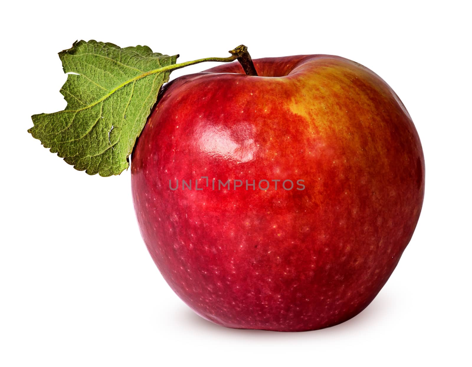 In front red ripe apple with green leaf isolated on white background