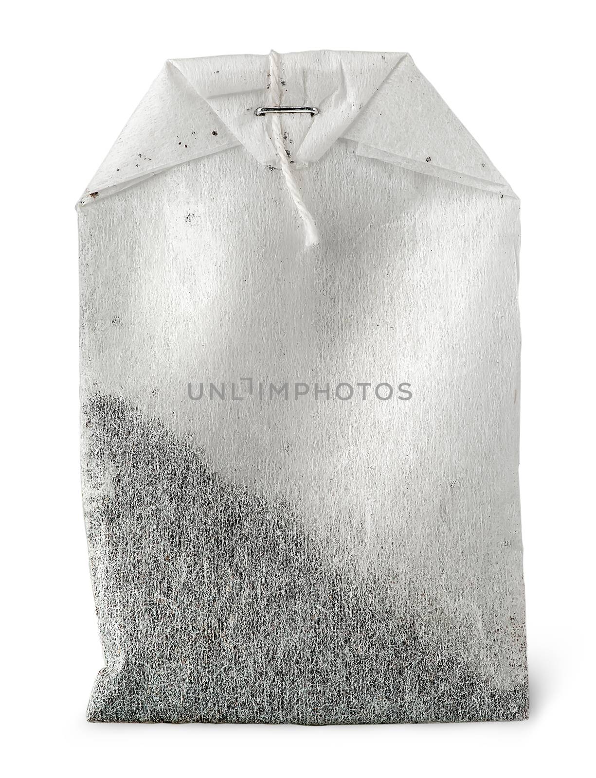 In front single tea bag with thread isolated on white background