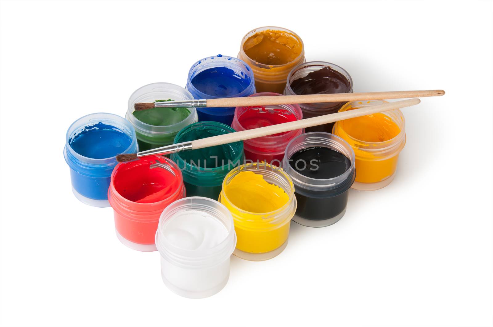 Jars With Gouache And Paint Brushes Isolated On White