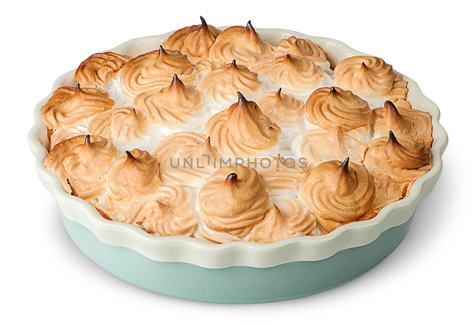 Lemon pie with meringue on dish isolated on white background