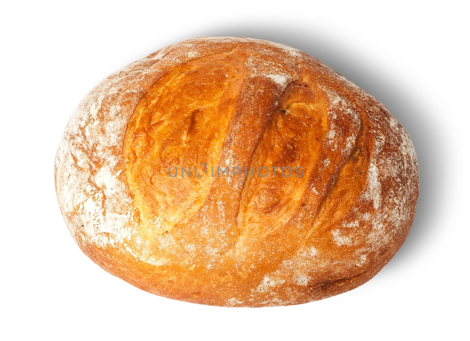 Loaf of white round bread isolated on white background