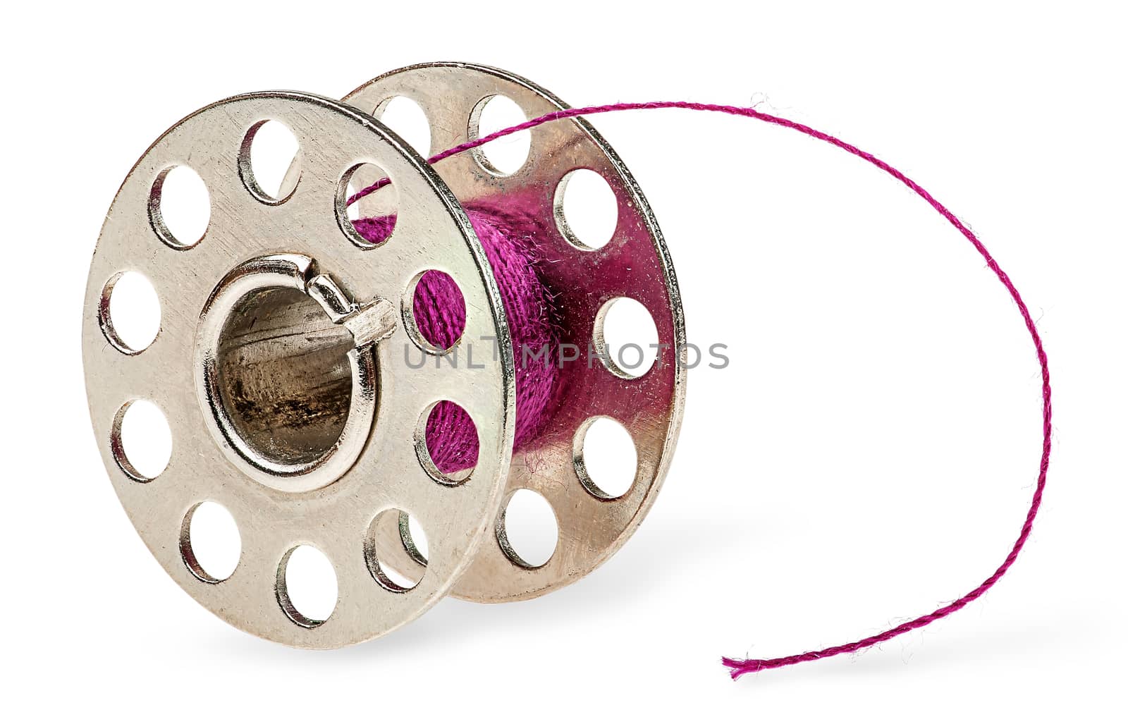 Metal spool with burgundy thread isolated on white background