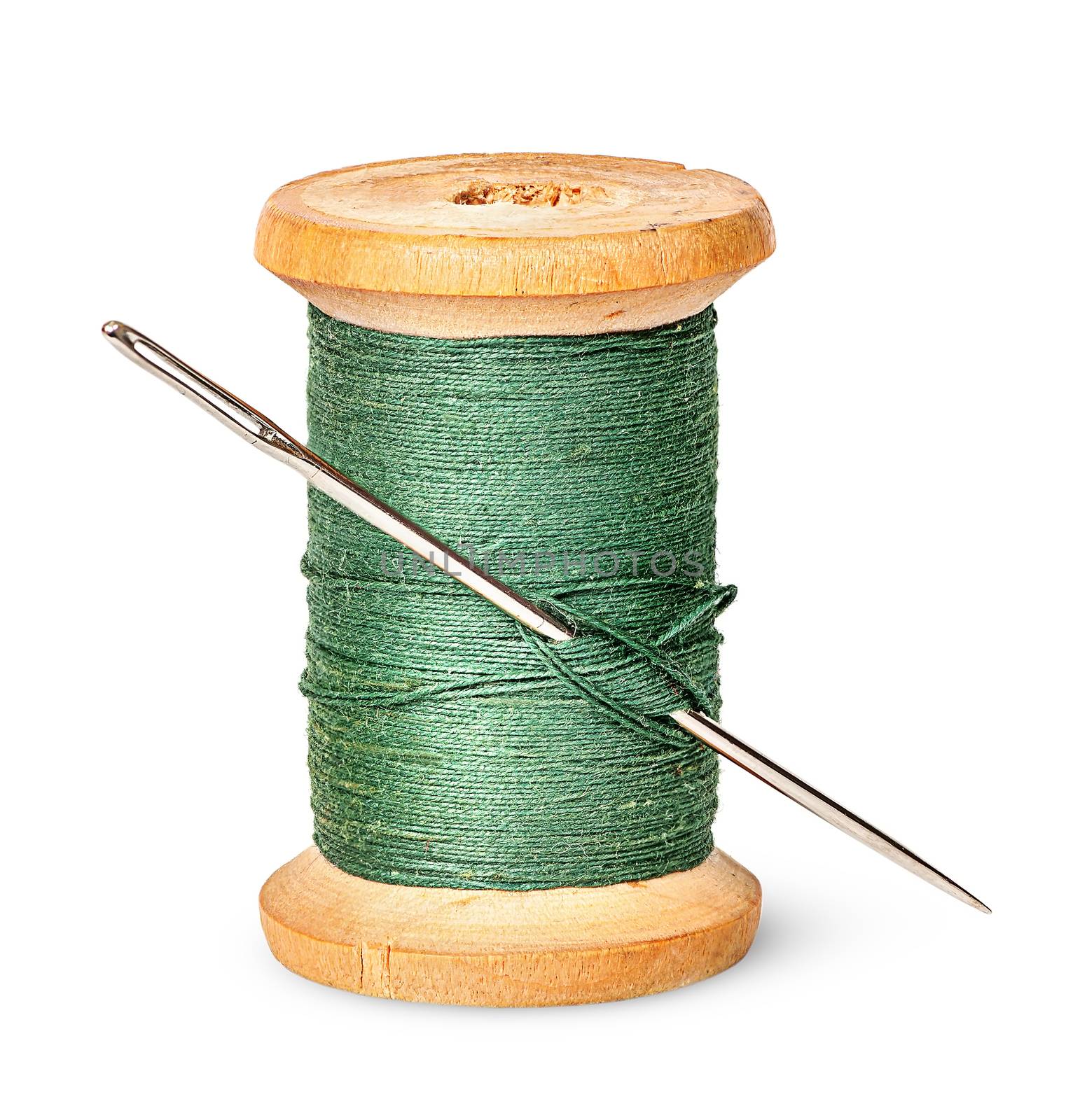 Needle and thread on wooden spool vertically by Cipariss