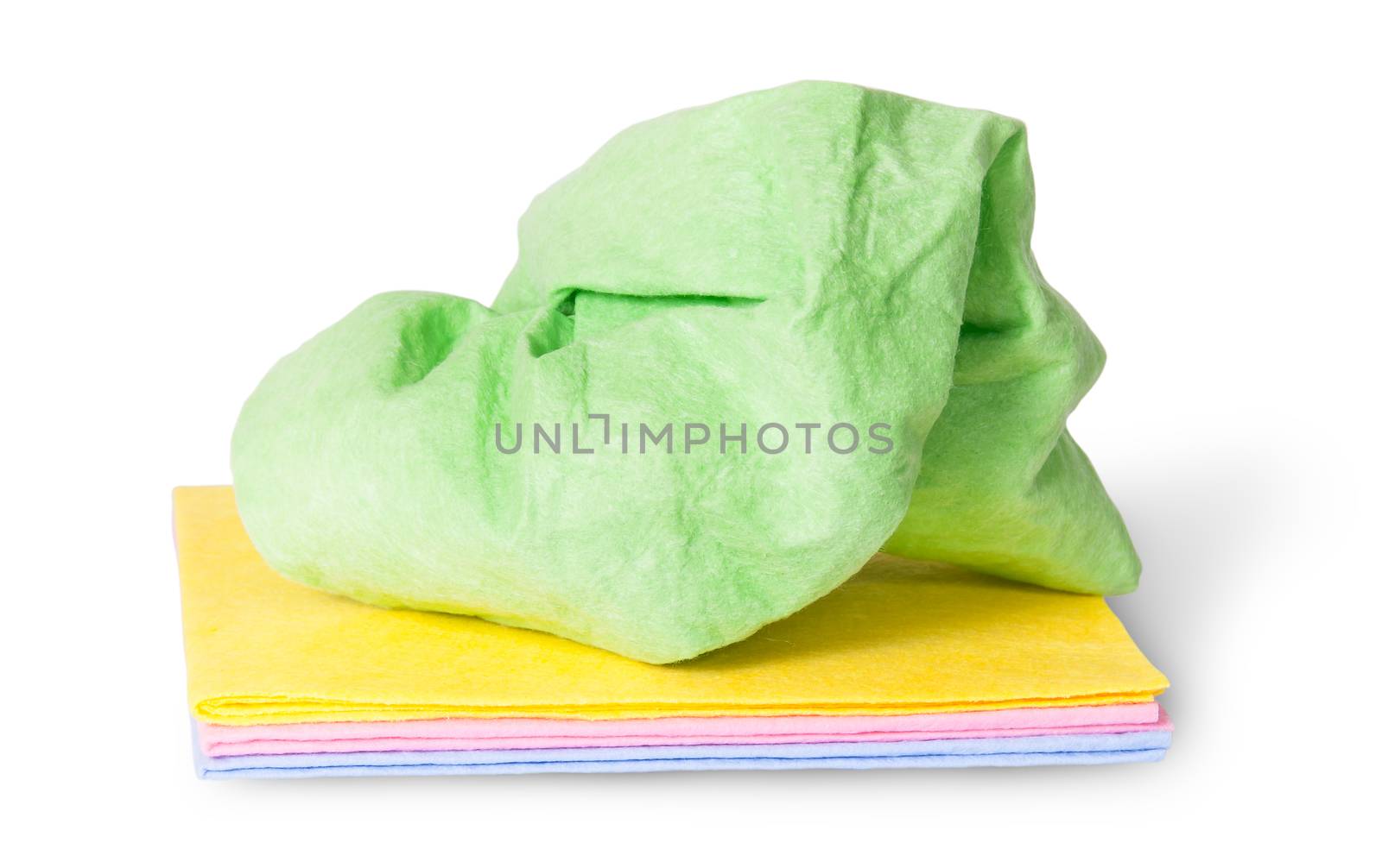 Multicolored stack cleaning cloths crumpled on top isolated on white background